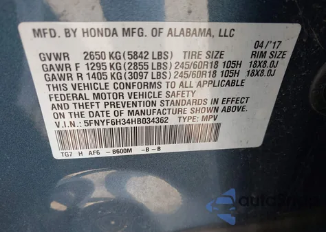 2017 Honda Pilot Ex from USA, damaged, VIN 5FNYF6H34HB034362